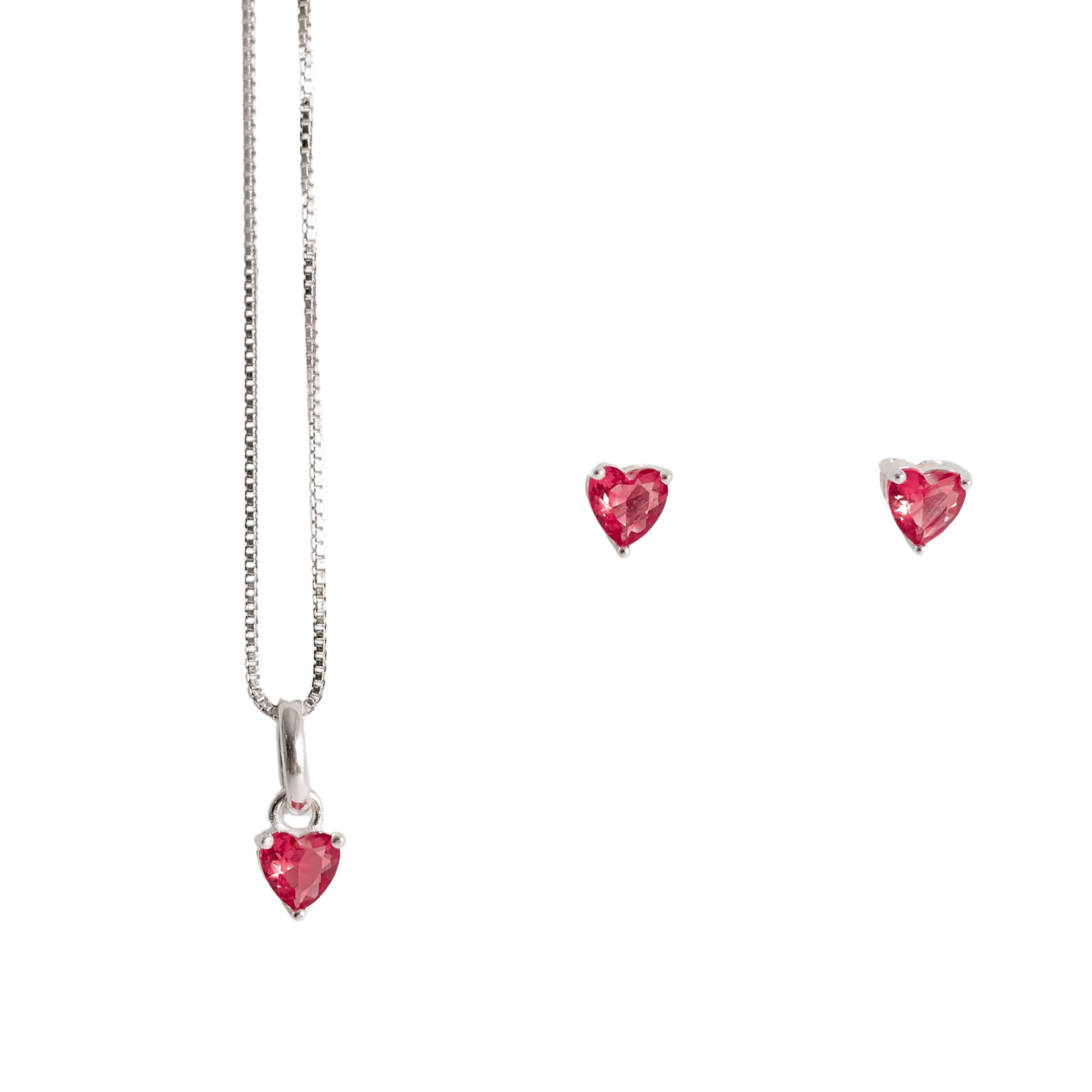 Conjunto brinco e colar zircônia coração rubi 4mm 40cm