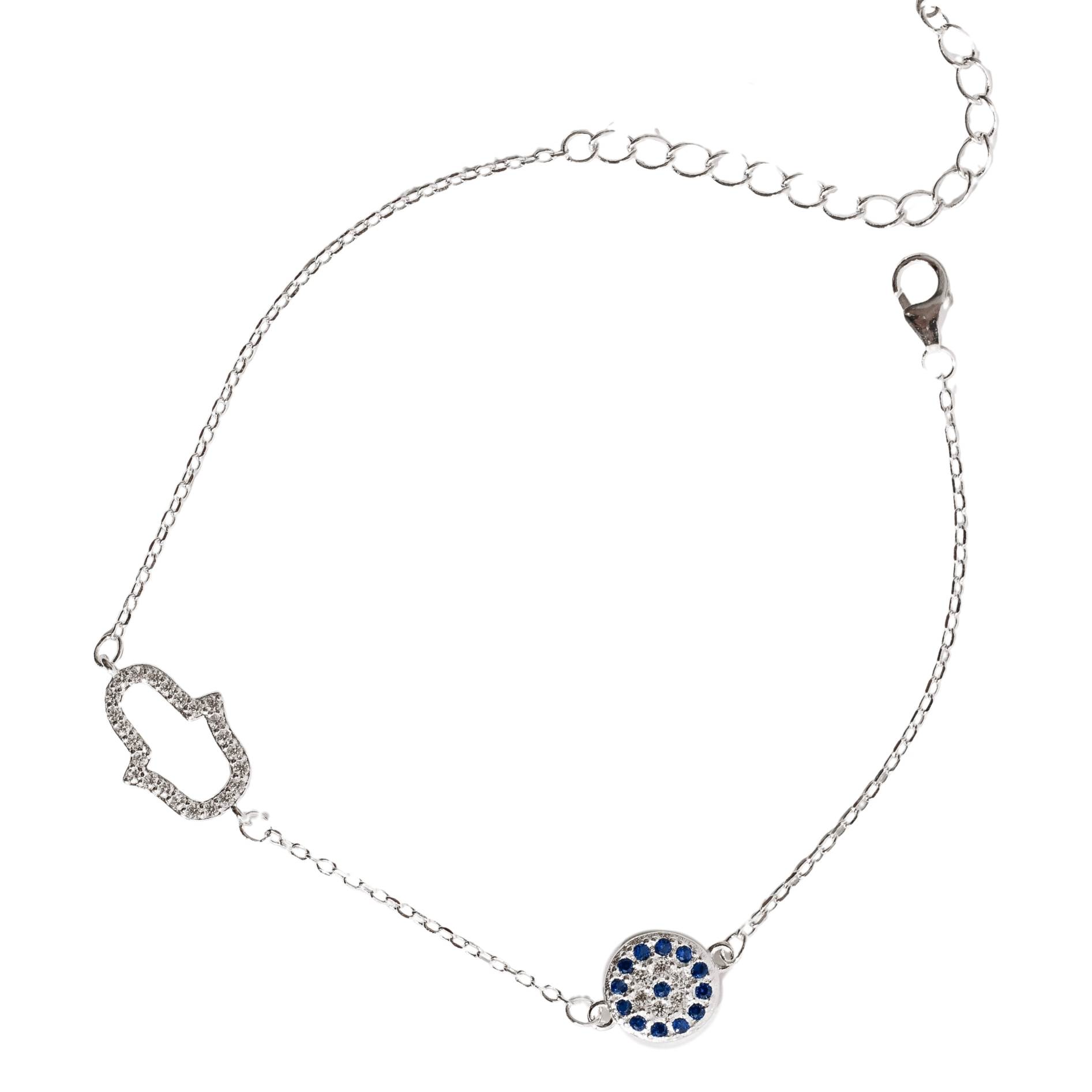 Imagem Pulseira entremeios mão vazada e olho grego cravejados 