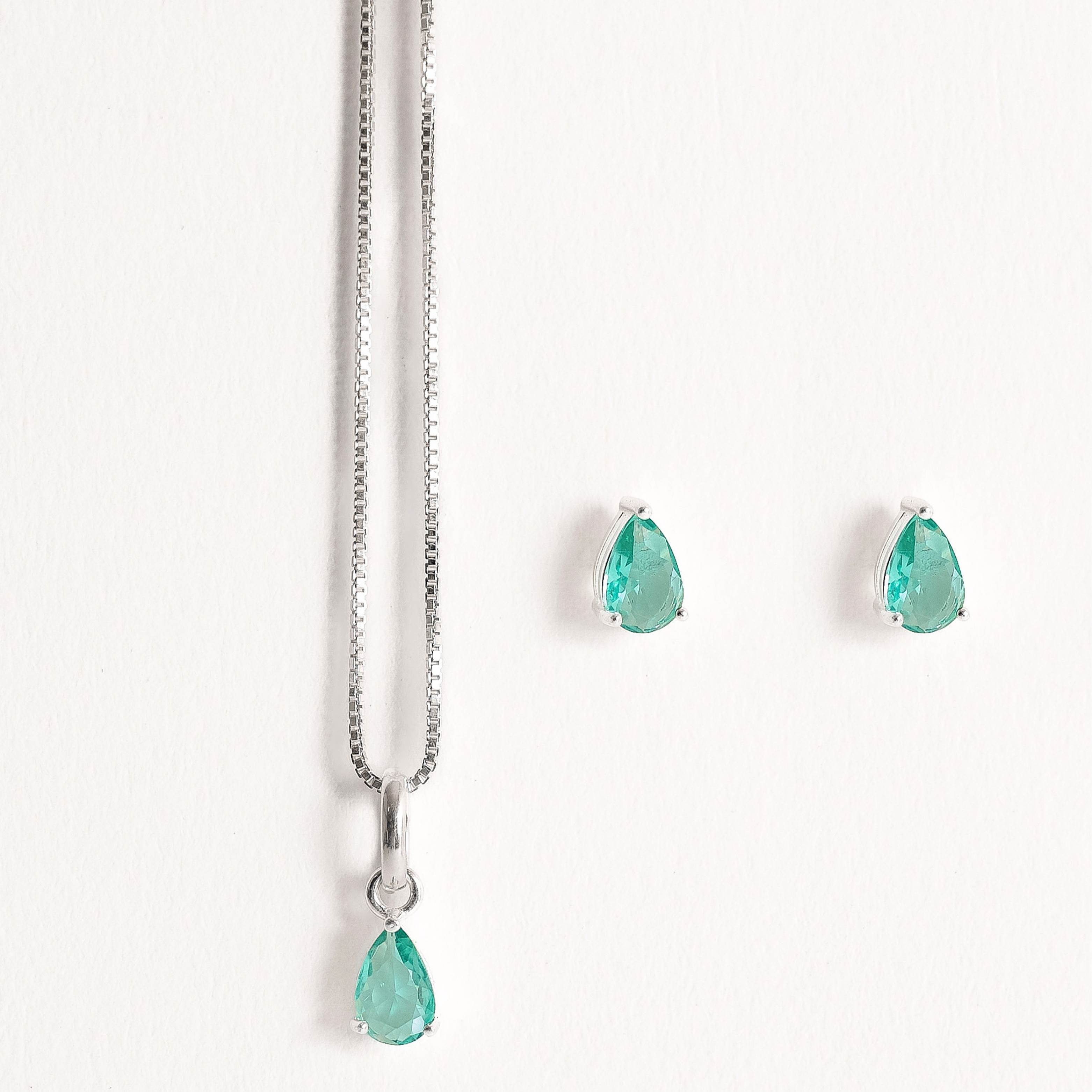 Imagem Conjunto brinco e colar zircônia gota turmalina 6x4mm 40cm