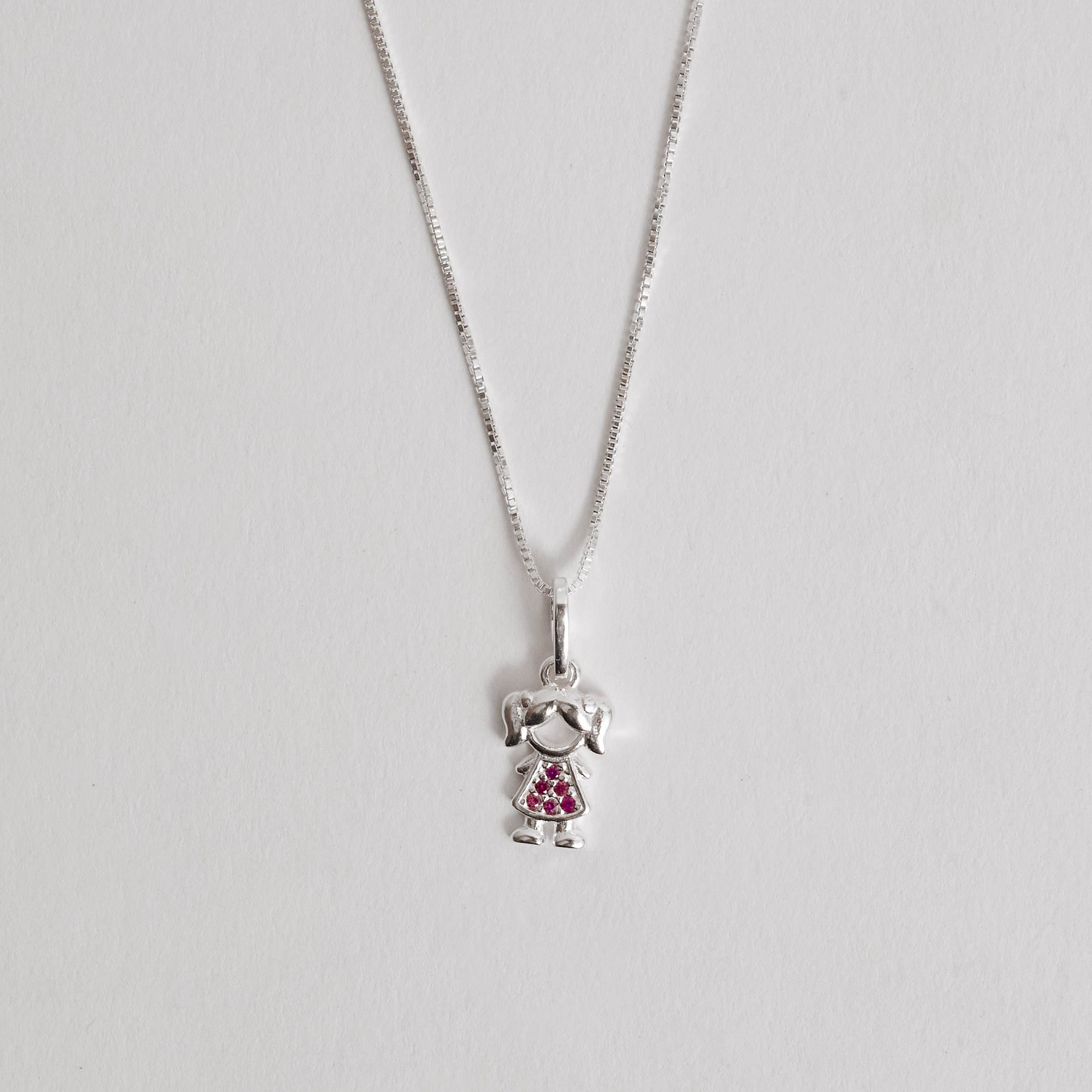 Colar pingente menina detalhe zircônias rosa 10mm 45cm