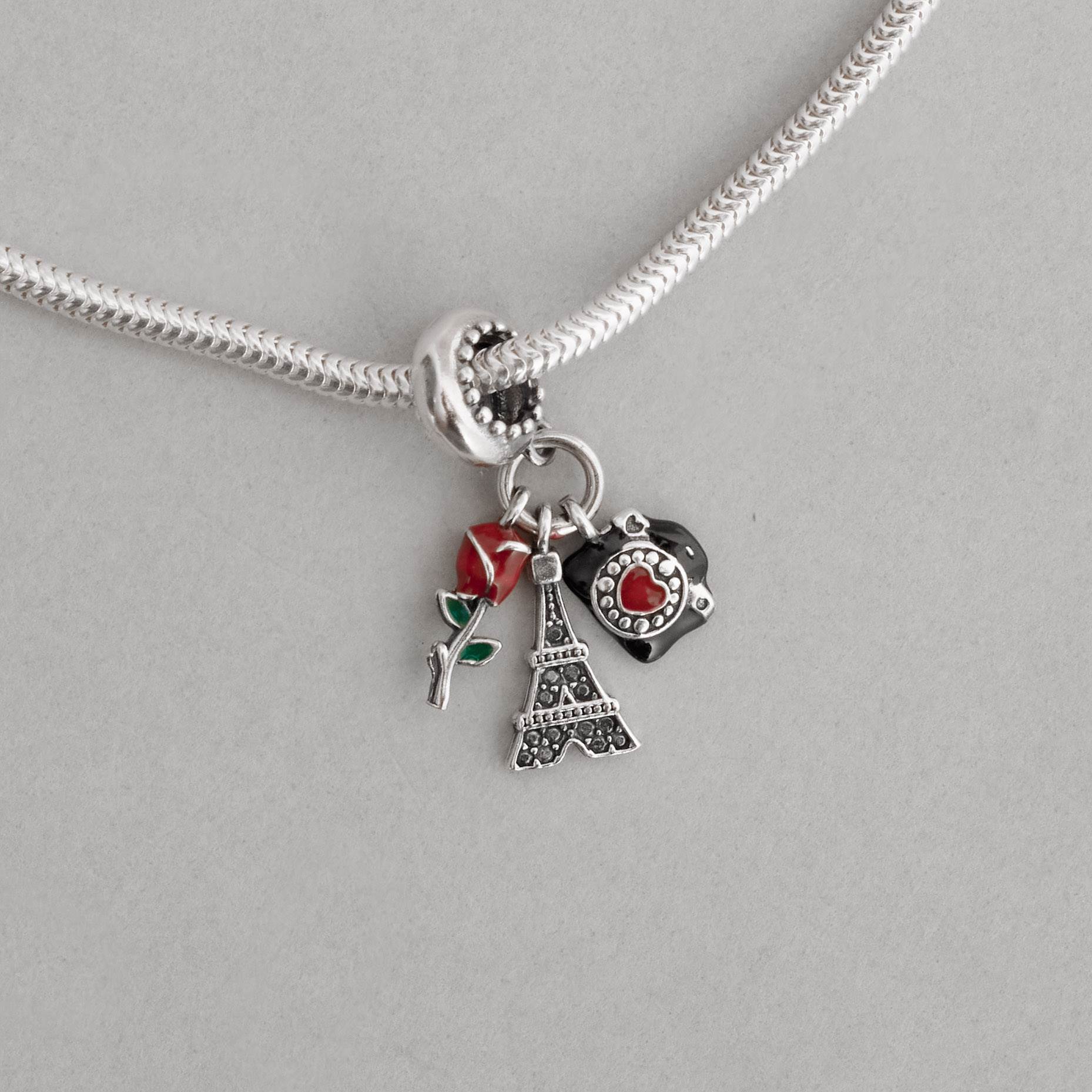 Imagem Secundária Berloque pingentes torre Eiffel cravejada, câmera e rosa envelhecido