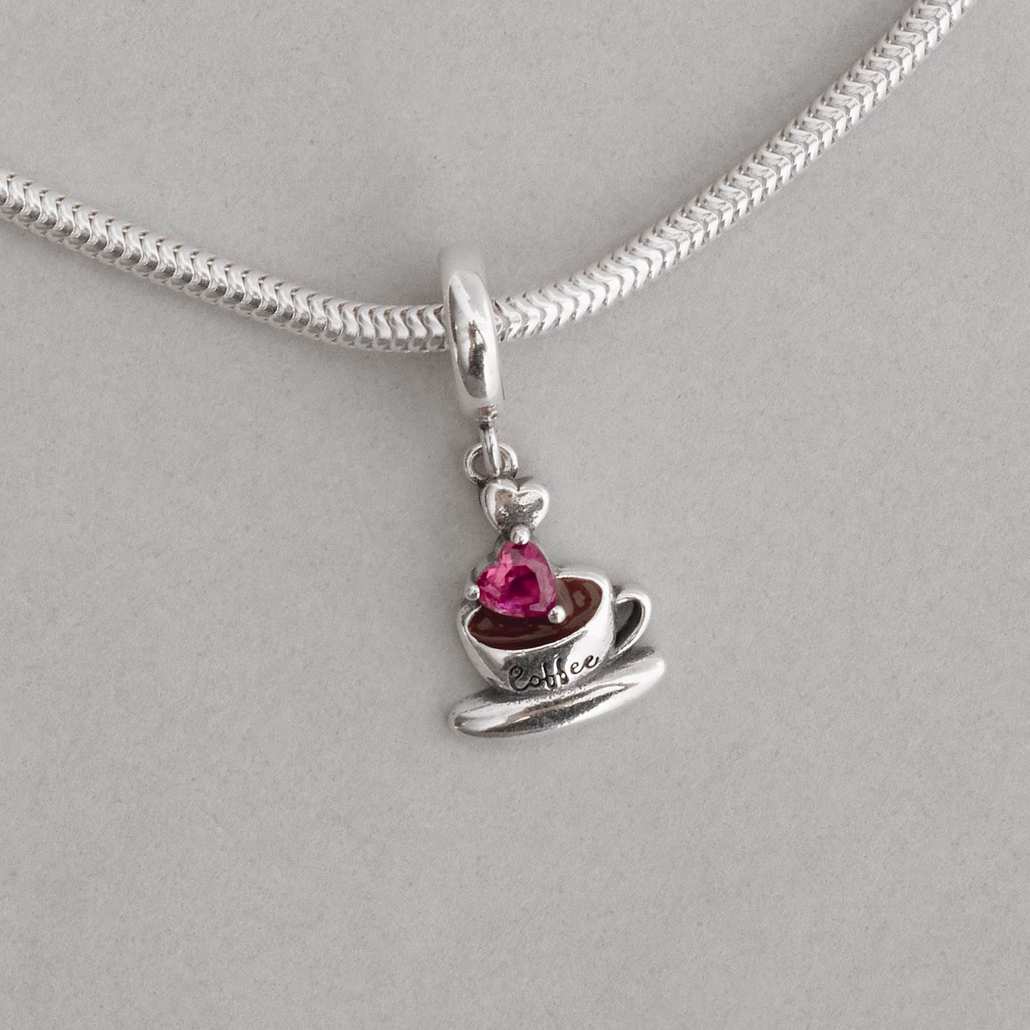 Berloque pingente xícara com zircônia coração pink 13mm envelhecido