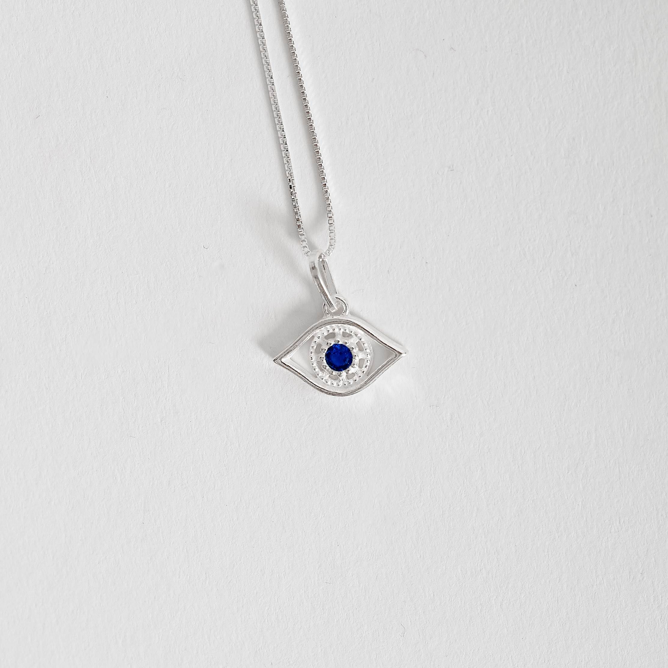 Colar pingente olho com zircônia azul 15mm 45cm