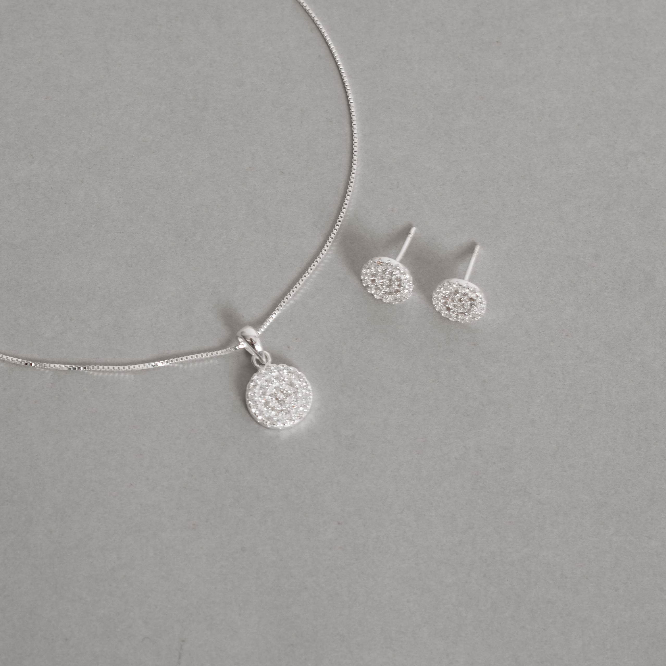 Conjunto brinco e colar círculo todo cravejado 10mm 45cm