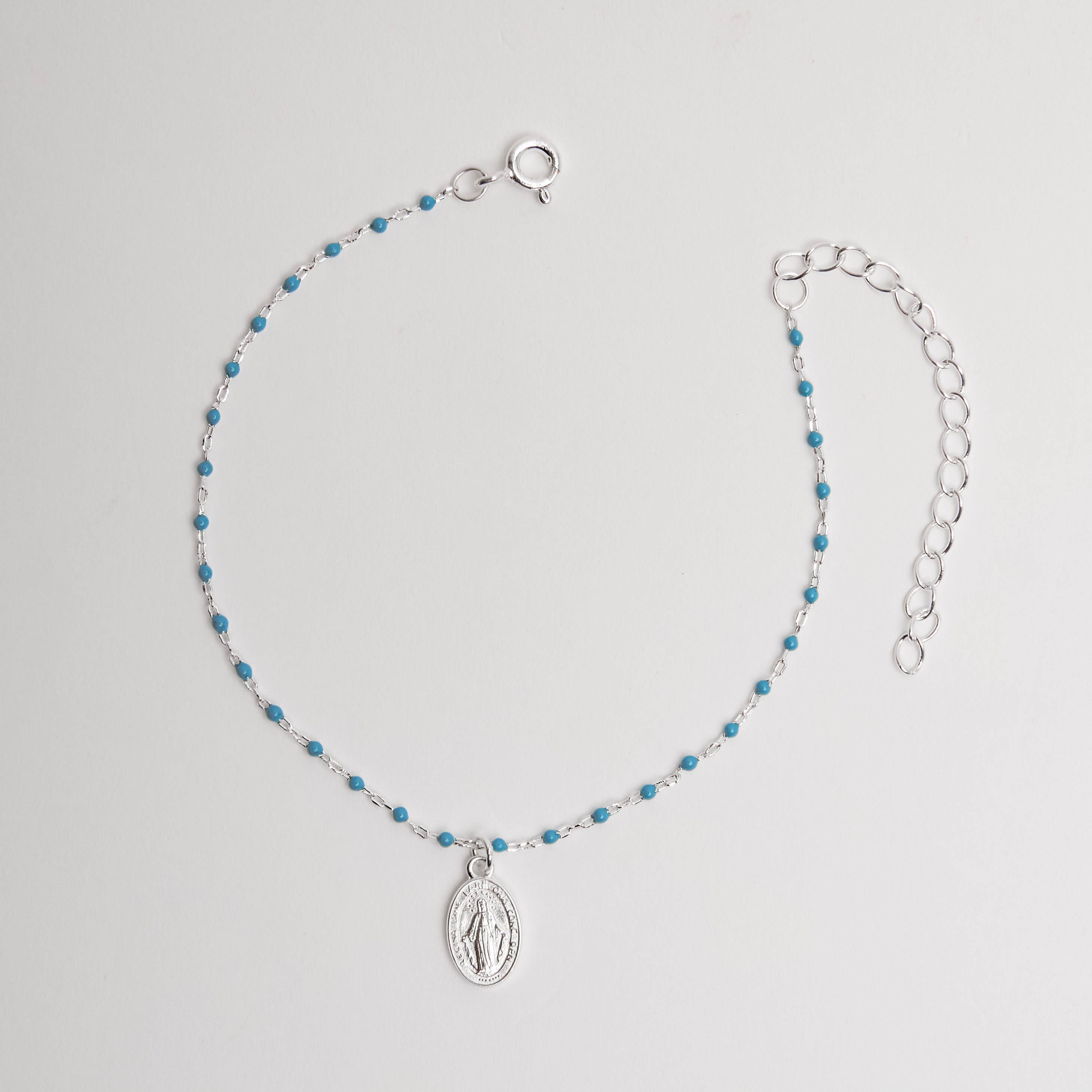 Pulseira pingente medalha Nsa. Sra. das Graças 9mm corrente cadeado com bolas de resina 15+5cm