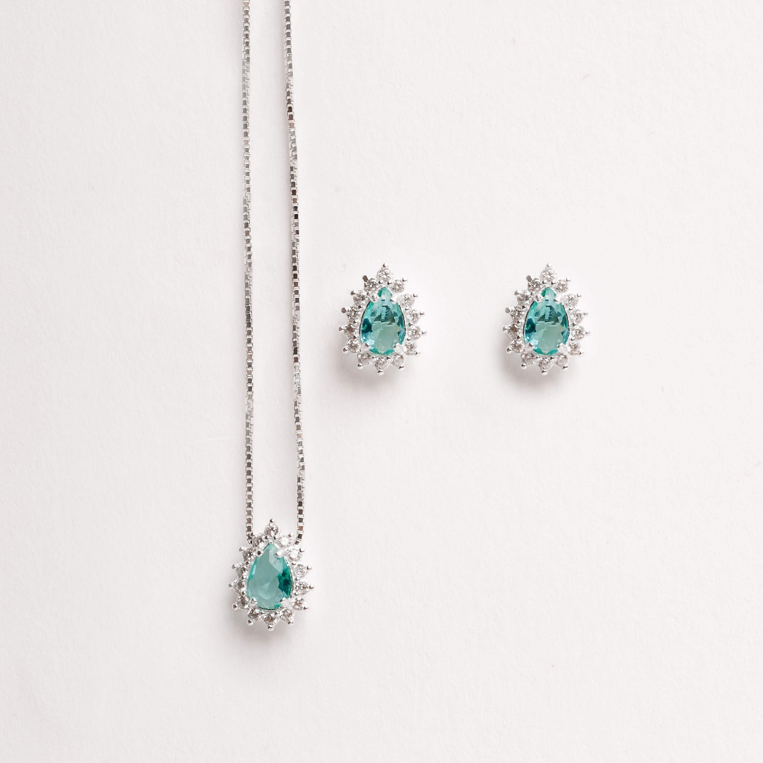 Conjunto brinco e colar zircônia gota turmalina com cravejado 10mm 45cm