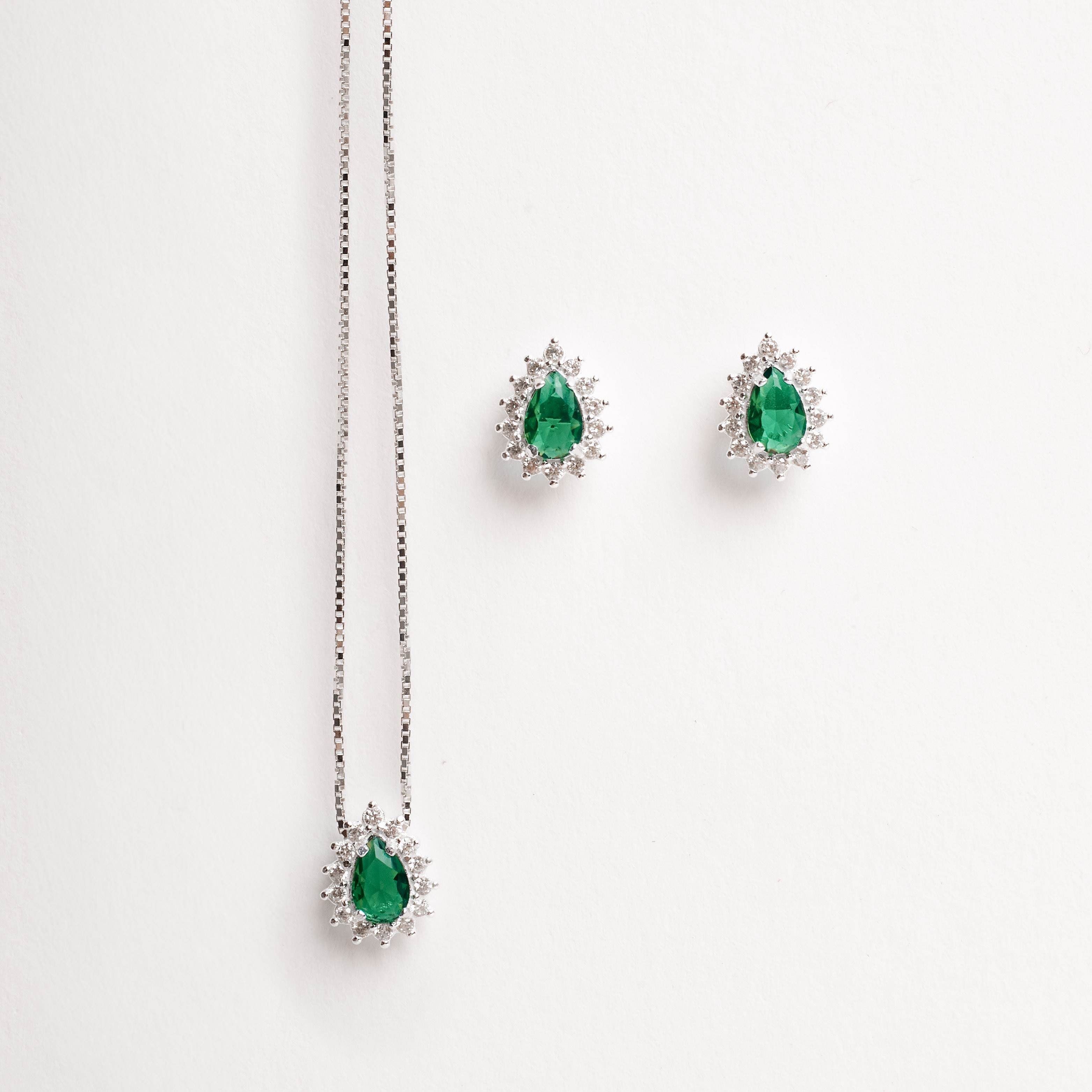 Conjunto brinco e colar zircônia gota esmeralda com cravejado 10mm 45cm