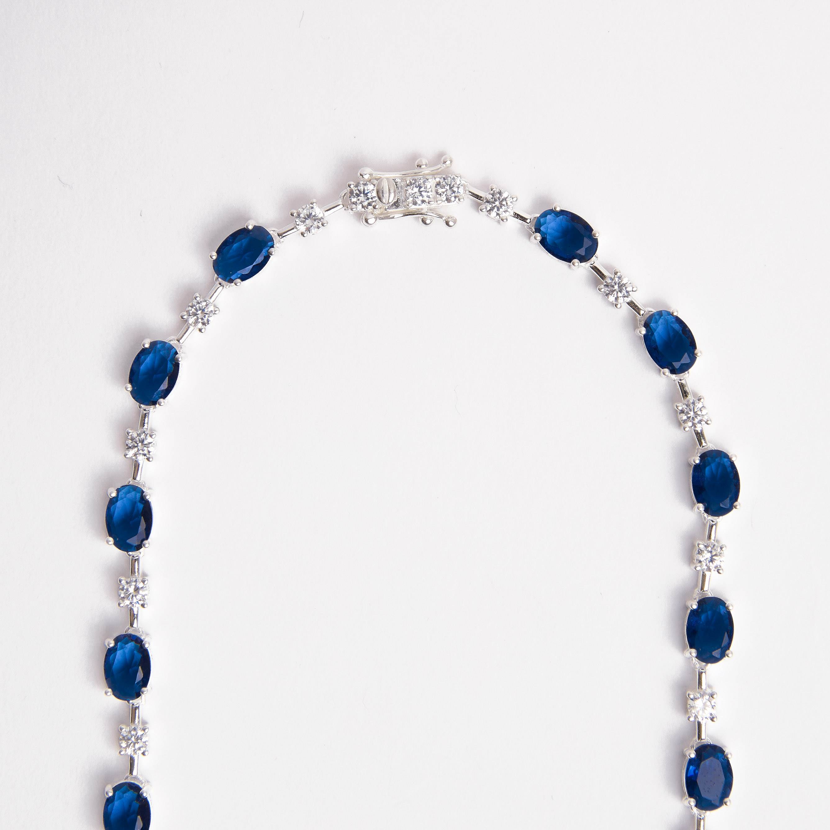 Colar Riviera fio faca zircônias ovais safira e redondas cristal 40cm fecho gaveta