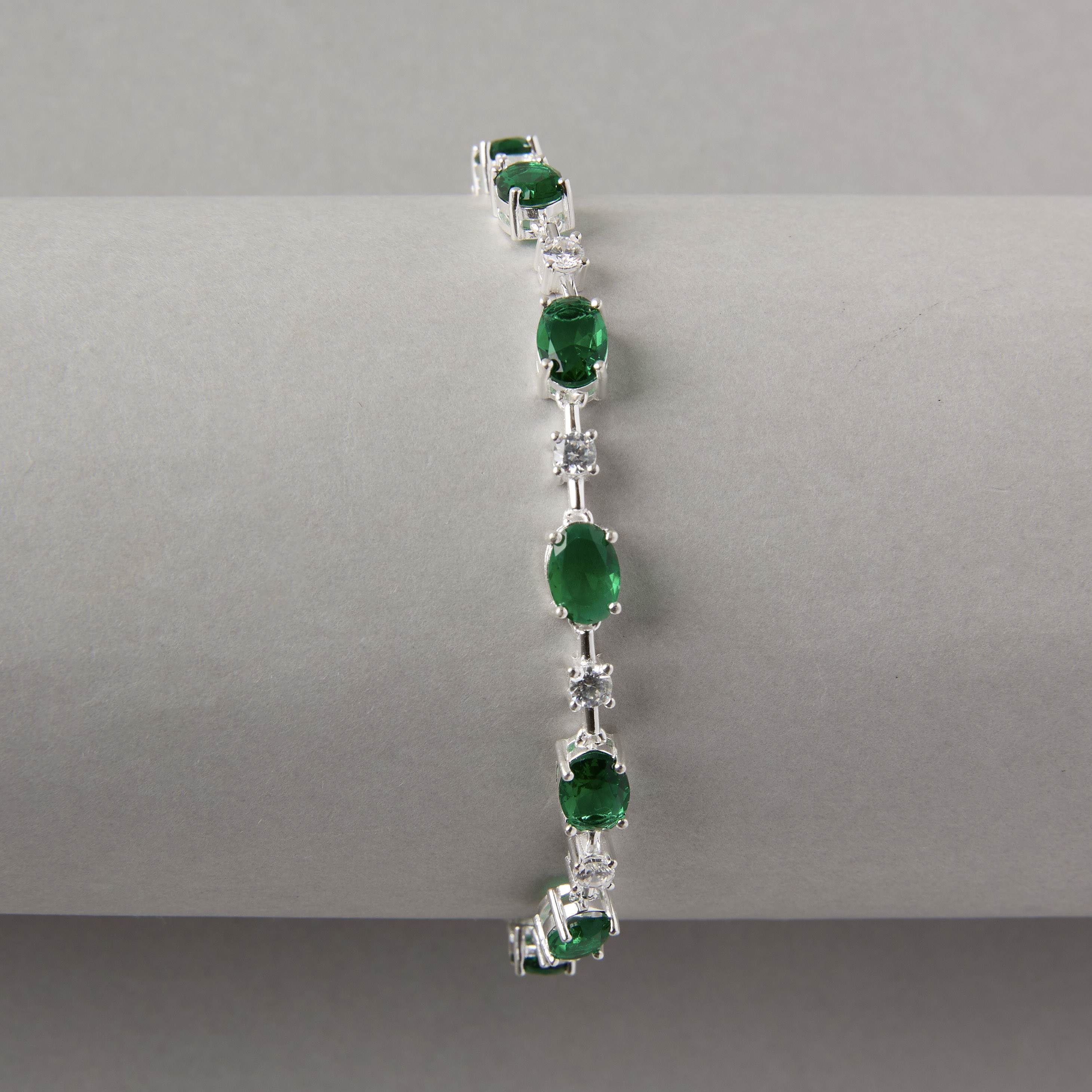 Pulseira Riviera fio faca zircônias ovais esmeralda e redondas cristal 18,5cm fecho gaveta