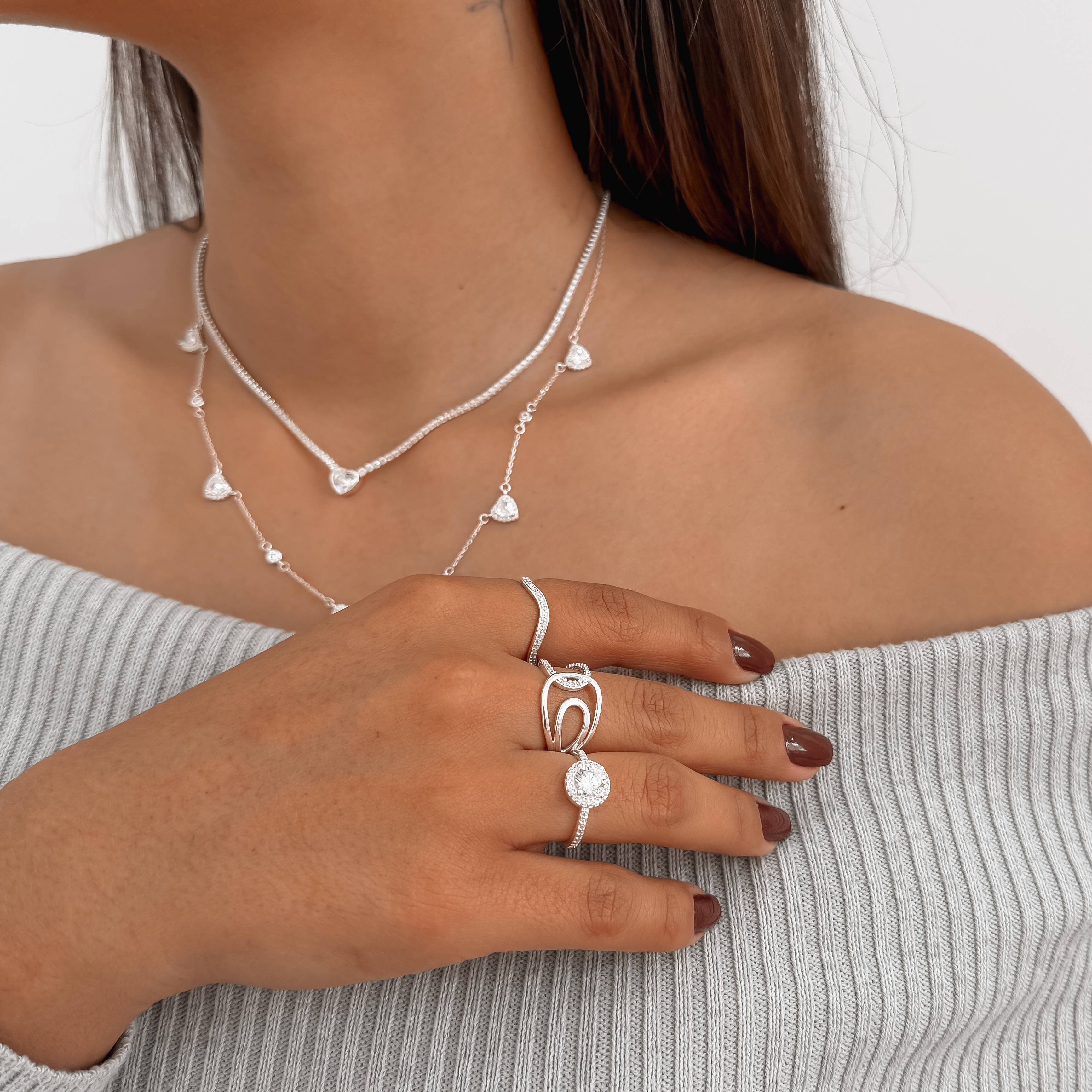 Imagem Secundária Colar entremeios zircônia redonda e zircônia coração com cravejado 7mm corrente cadeado 40+5cm