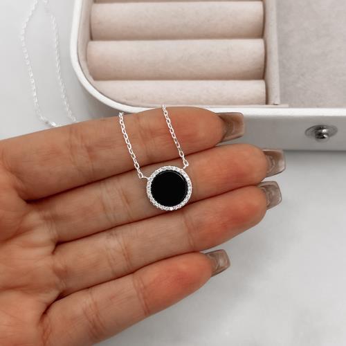 Colar círculo pedra ônix com cravejado 12mm corrente cadeado 45+5cm