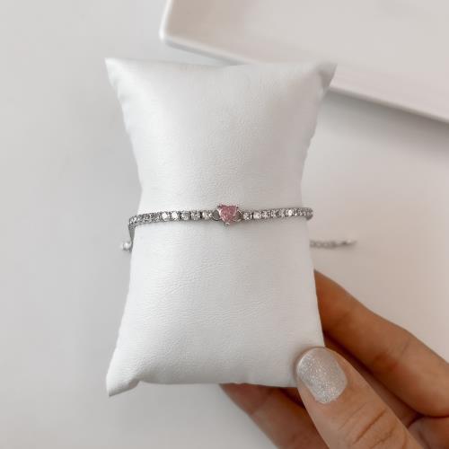 Pulseira Riviera 2.5 detalhe zircônia coração rosa 16,5cm com alongadora ródio