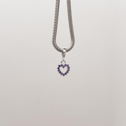 Berloque pingente coração vazado cravejado lilás 8mm