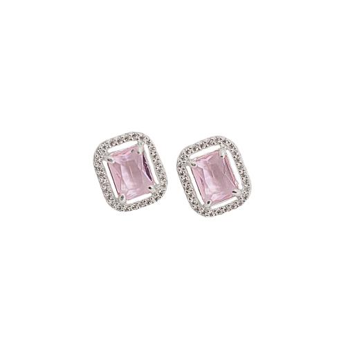 Brinco zircônia retangular rosa com cravejado 13mm