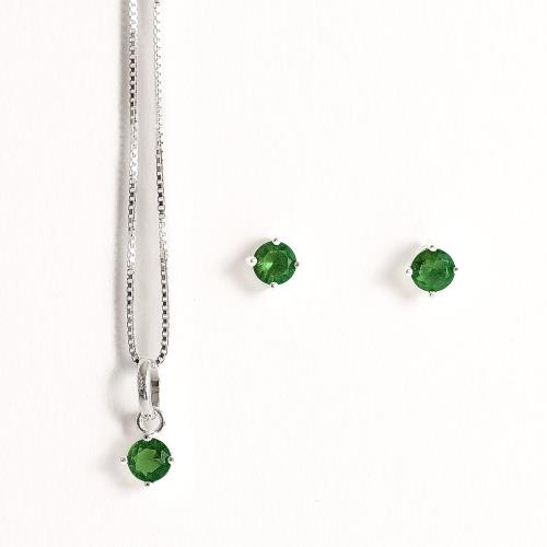 Conjunto brinco e colar zircônia redonda esmeralda 4mm 40cm