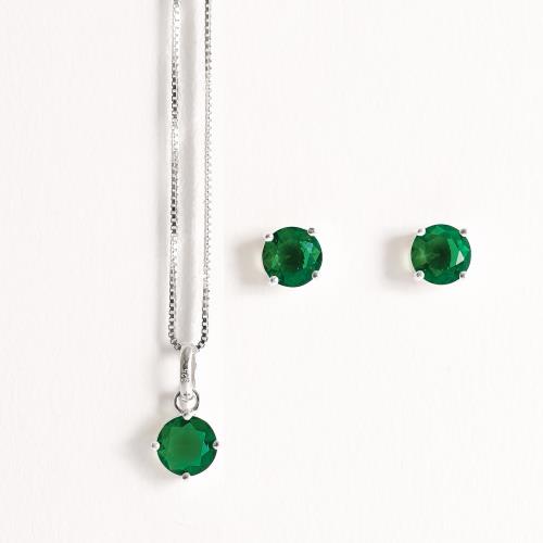 Conjunto brinco e colar zircônia redonda esmeralda 6mm 45cm
