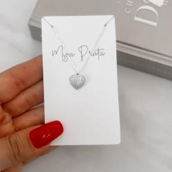 Colar pingente coração cravejado 11mm 40+3cm