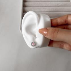 Brinco zircônia redonda rosa com cravejado 9mm