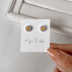 Brinco zircônia redonda amarela com cravejado 9mm