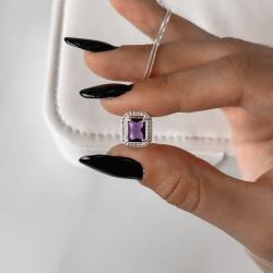 Colar zircônia retangular ametista com cravejado 13mm 45cm