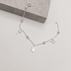 Pulseira entremeio bolas com pingentes cruz, medalha São Bento e Espírito Santo