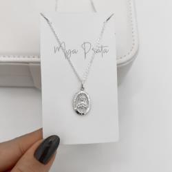 Colar pingente medalha dupla face Sagrado Coração de Maria e cruz 16mm corrente cadeadinho 45cm