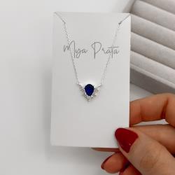 Colar entremeio zircônia gota azul escuro com cravejado 12mm 40+5cm