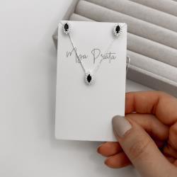 Conjunto brinco e colar zircônia navete ônix com cravejado 10mm 45cm