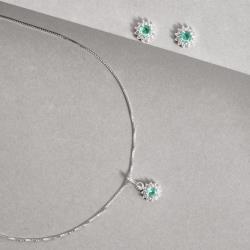 Conjunto brinco e colar zircônia redonda acqua com cravejado 7mm 45cm