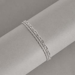 Pulseira fio triplo canutilhos, elos e cadeado riscado 15+5cm