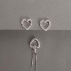 Conjunto brinco e colar coração vazado com cravejado 11mm 45cm