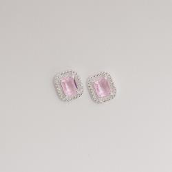 Brinco zircônia retangular rosa com cravejado 13mm