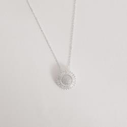 Colar pingente flor cravejada trabalhada 17mm corrente cadeado 40+5cm