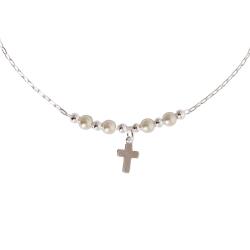 Pulseira entremeio bolas e pérolas com pingente cruz 8mm 19cm