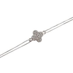 Pulseira entremeio trevo cravejado 10mm corrente dupla 17+5cm