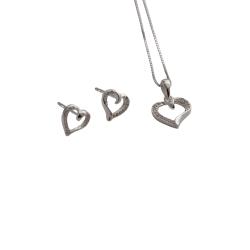 Conjunto brinco e colar coração vazado com zircônias 11mm 45cm
