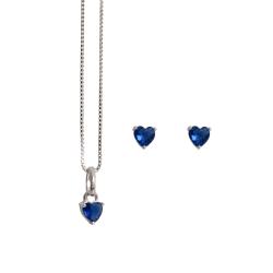 Conjunto brinco e colar zircônia coração azul 4mm 40cm