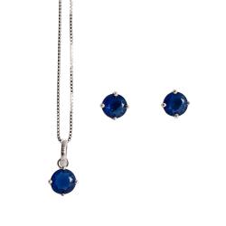 Conjunto brinco e colar zircônia redonda azul 6mm 45cm