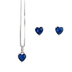 Conjunto brinco e colar zircônia coração azul 6mm 45cm