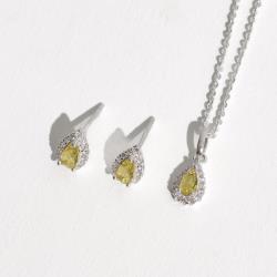 Conjunto brinco e colar zircônia gota amarela com cravejado 6mm corrente cadeadinho 40cm