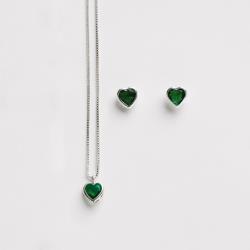 Conjunto brinco e colar zircônia coração esmeralda embutida 6mm 40cm