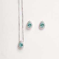 Conjunto brinco e colar zircônia gota turmalina com cravejado 10mm 45cm