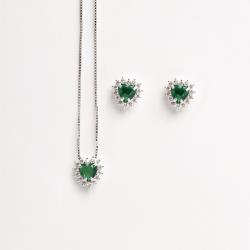 Conjunto brinco e colar zircônia coração esmeralda com cravejado 9mm 45cm