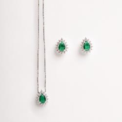 Conjunto brinco e colar zircônia gota esmeralda com cravejado 10mm 45cm