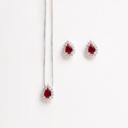 Conjunto brinco e colar zircônia gota rubi com cravejado 10mm 45cm