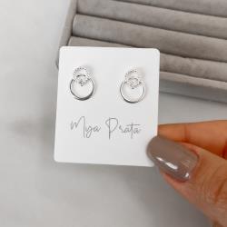 Brinco círculos vazados detalhe bolinhas e zircônia 14mm